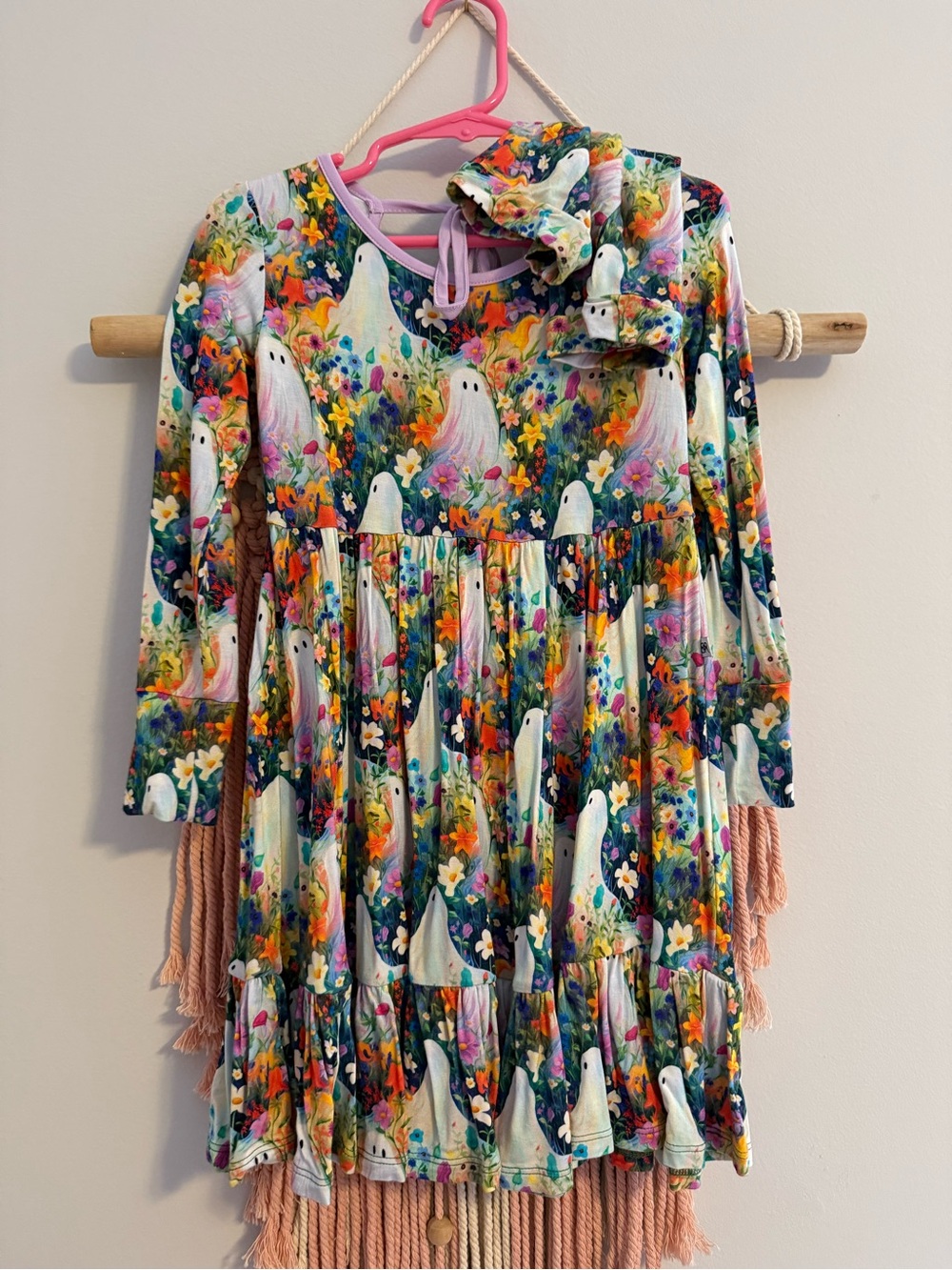 Bums and Roses Girls' Long Sleeve Ghost & Floral Tiered Dress - Multicolor